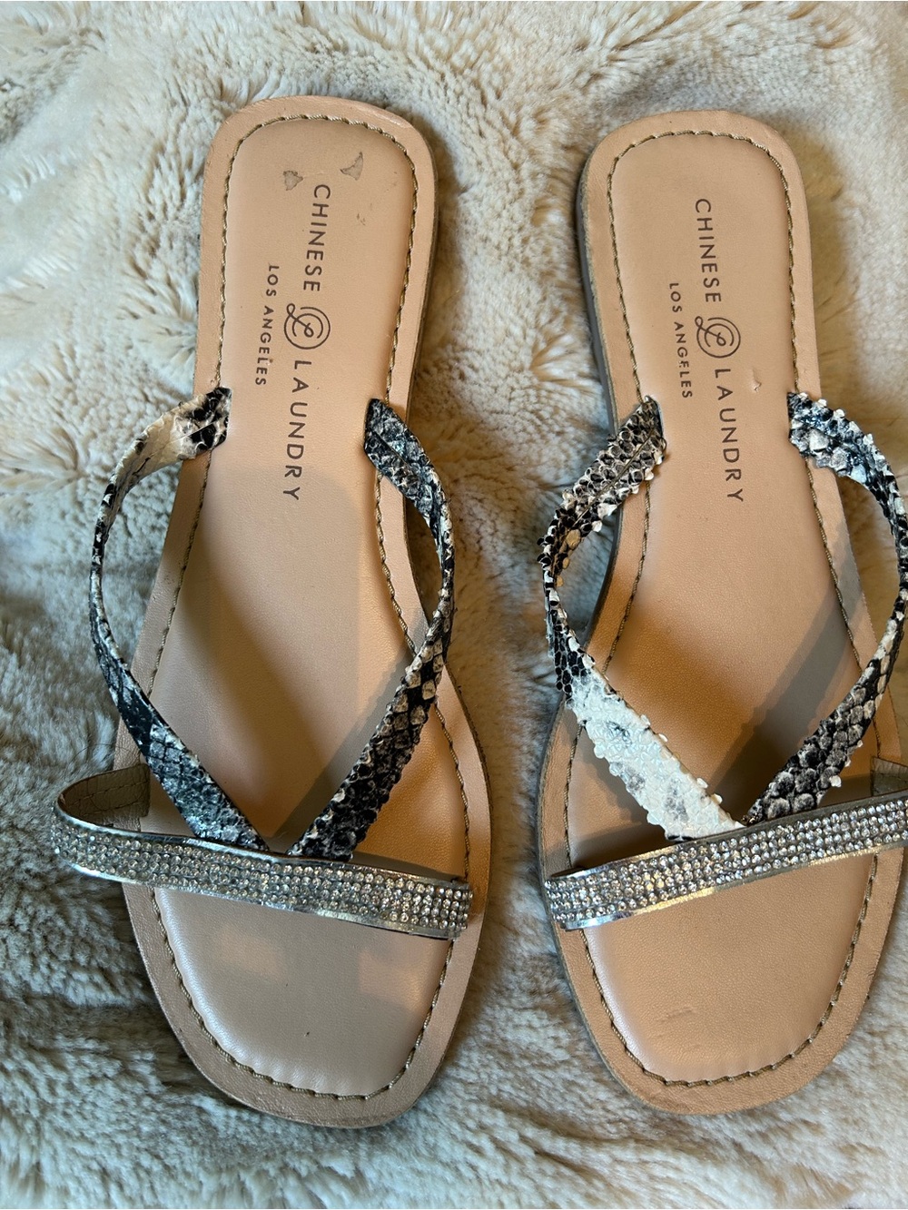 Chinese Laundry Black and White Snakeskin Rhinestone Slide Sandals